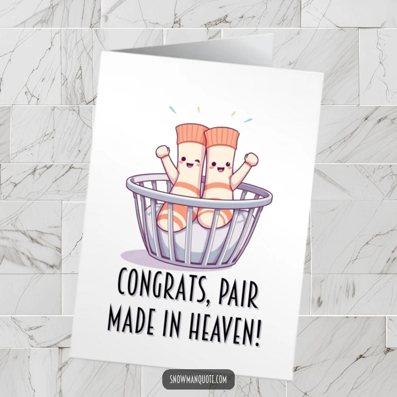Funny Free Printable Congrats Card: Sentient socks enthusiastically dancing in a laundry basket celebrating an achievement.