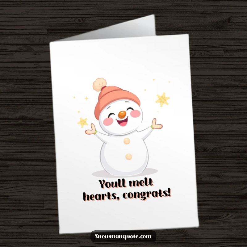 Funny Free Printable Congratulations Card, smiling snowman juggling glowing snowflakes, celebrating achievements with winter magic