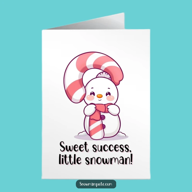 Free Printable Snowman Congrats Card: Shy Candy Cane Peek, Funny Downloadable Greeting Gift