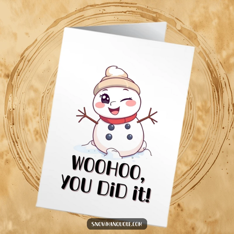 Funny Free Printable Congratulations Card: Winking snowman rolls downhill adventurously, a mischievous downloadable greeting.