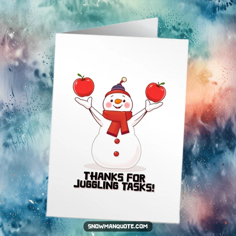 Funny Free Printable Thank You Card of a snowman masterfully juggling three shiny red apples, a delightful way to say thanks.