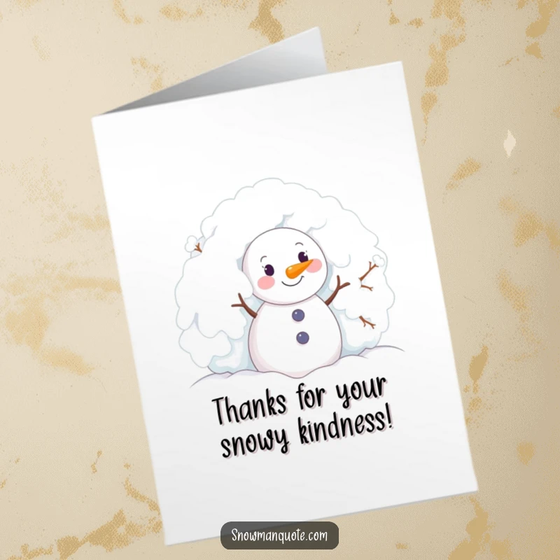 Funny Free Printable Thank You Card featuring a snowman peeking with pure delight from behind a snowy bush, a cute surprise.