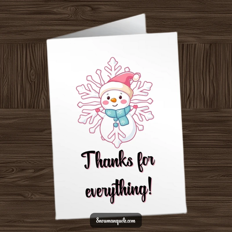 Funny Free Printable Thank You Card: A snowman peeks from behind a giant snowflake, offering thanks with a hint of fun.