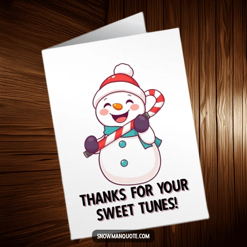 Funny Free Printable Thank You Card: A cheerful snowman holds a candy cane like a microphone, ready to thank you. Downloadable art.