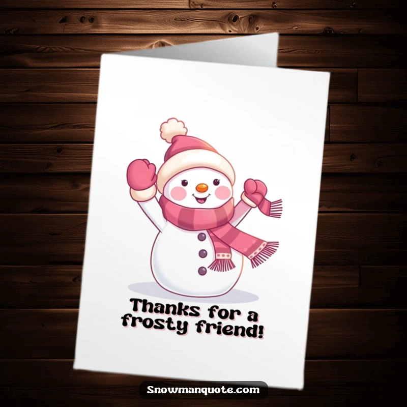 Funny Free Printable Thank You Card: A friendly snowman waves a tiny scarf banner, expressing thanks.