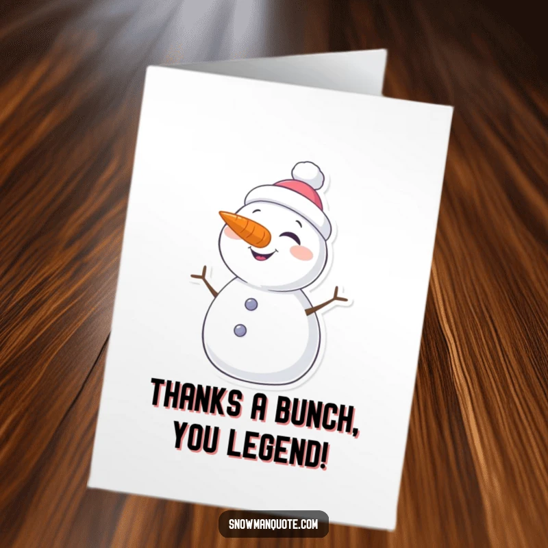 Funny Free Printable Thank You Card: A jovial snowman with a carrot nose gives a charming wink, perfect for gratitude.