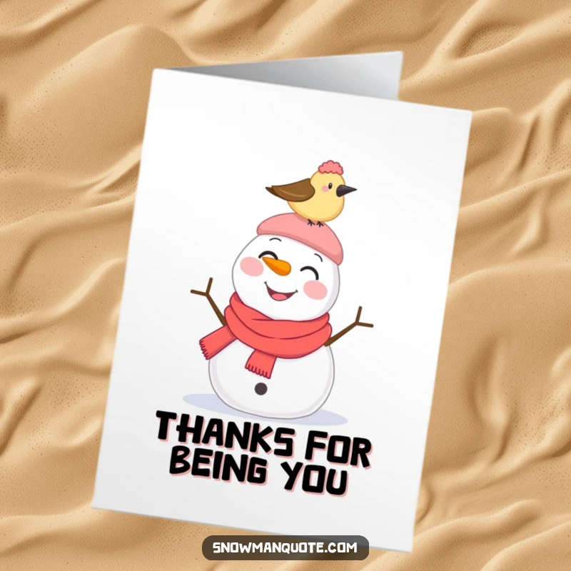 Funny free printable thank you card: A smiling snowman tolerates a bird pecking at the top of its hat.