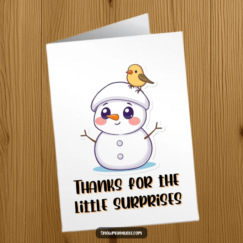 Funny Free Printable Snowman Thank You Card: Snowman surprised by bird on hat, winter appreciation, downloadable greeting
