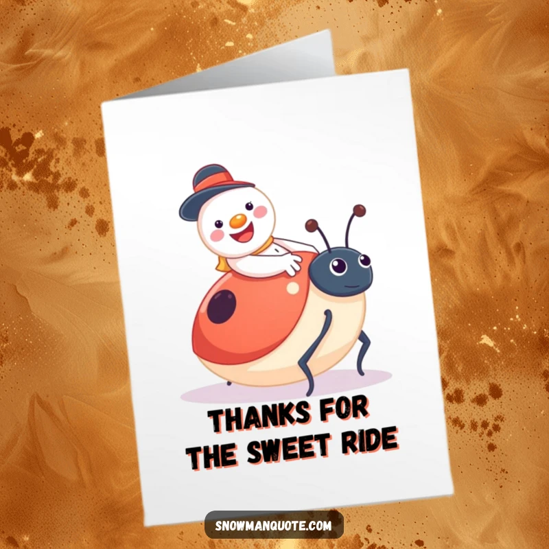 Funny Free Printable Thank You Card: Jolly snowman with button smile rides a giant, surprised ladybug.
