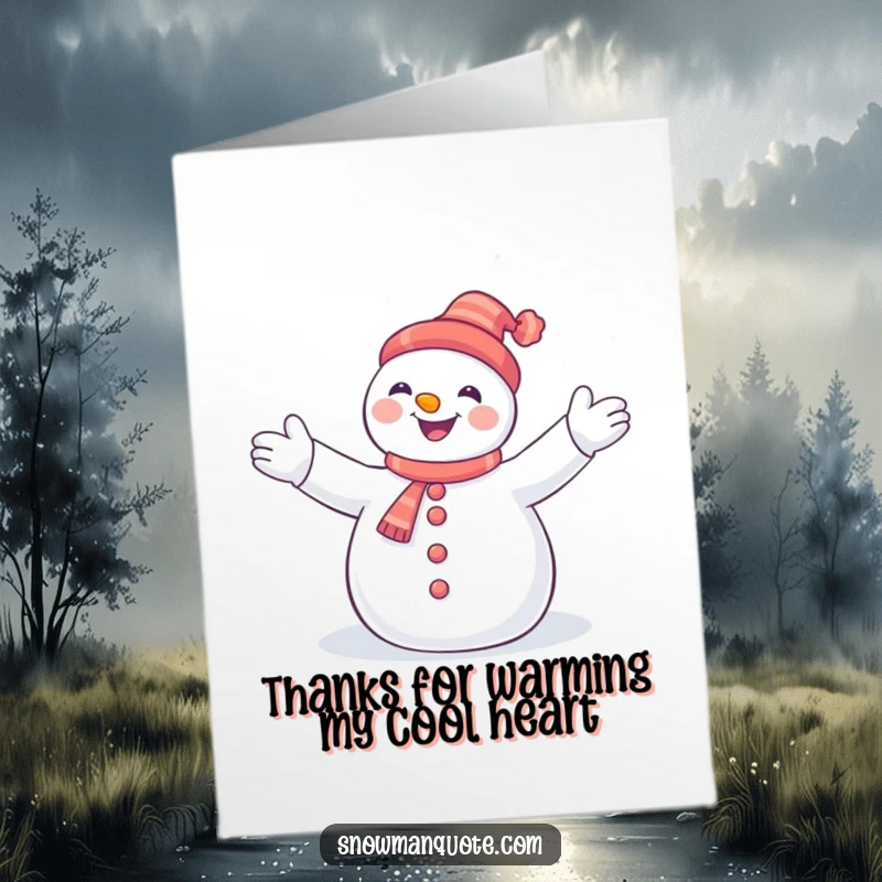 Funny Free Printable Thank You Card: A cheerful snowman spreading his arms wide to catch snowflakes in a warm, inviting embrace.