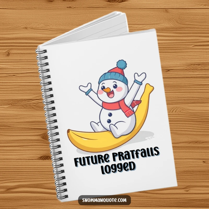 Funny snowman comically slipping on a banana peel, arms flailing, a lined notebook ideal for jotting down comical thoughts and plans.