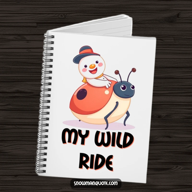 Funny snowman notebook, jolly with a button smile, riding a surprised giant ladybug, inspiring cheerful writing.