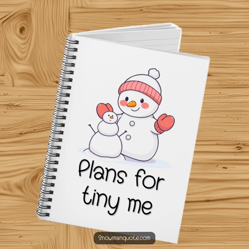 Funny snowman notebook featuring a snowman wearing mittens, trying to build a smaller snowman, ideal for writing and winter creativity.