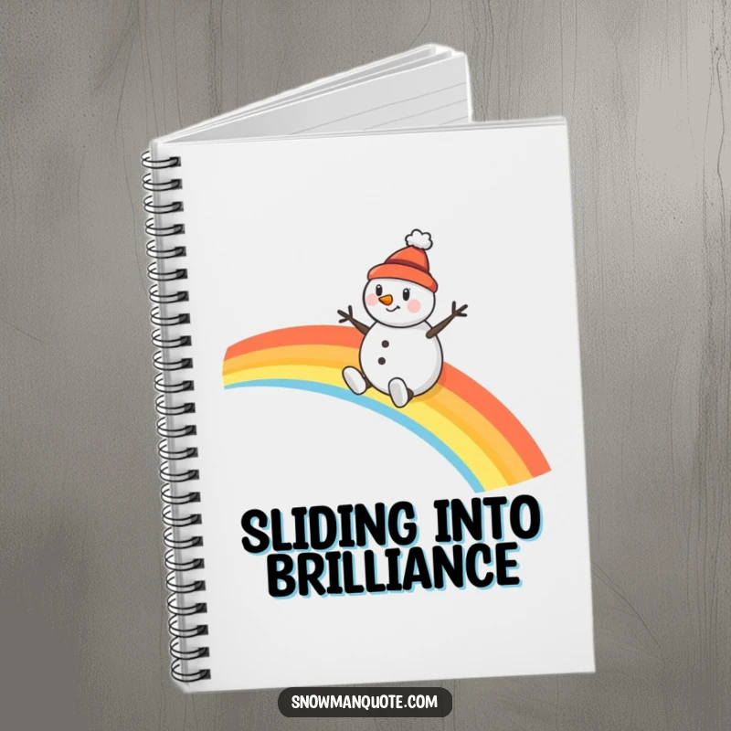 Funny snowman notebook, cheerfully sliding down a rainbow on a tiny hat, inspiring happy writing and doodles.
