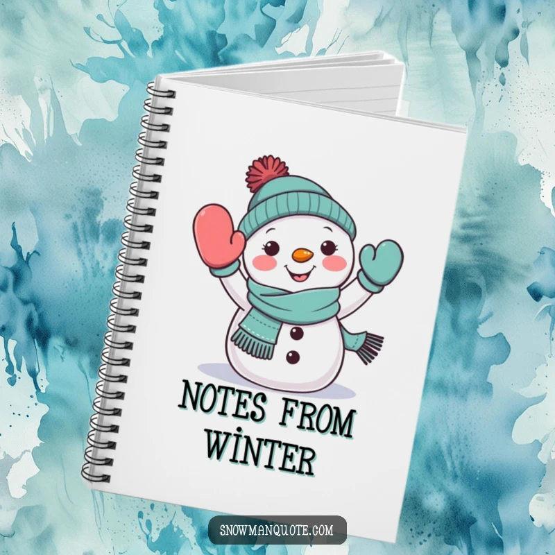 Funny snowman waving notebook, wearing a scarf, cheerfully extending a mitten, ready for cheerful notes, great gift.
