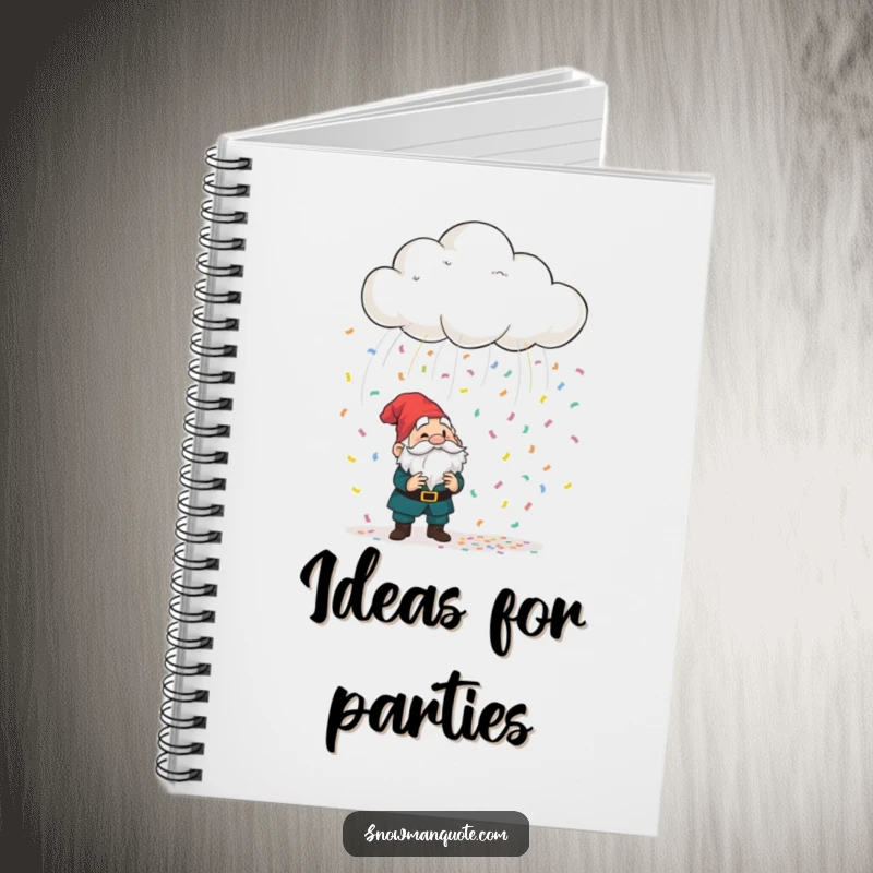 Funny playful cloud raining colorful confetti onto a bewildered garden gnome, a lined notebook ideal for jotting down whimsical thoughts.