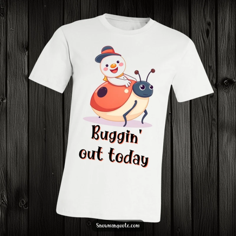 Funny snowman t-shirt, jolly with a button smile, riding a huge surprised ladybug, spreading cheerful vibes.
