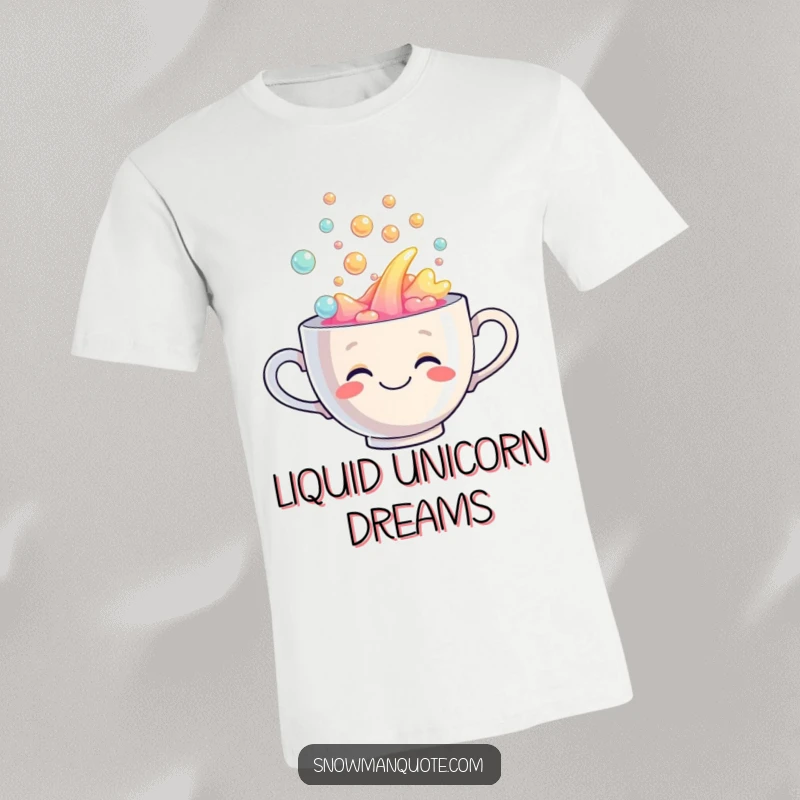 Funny t-shirt featuring a smiling teacup gushing with colorful, bubbly rainbow liquid, a symbol of cheerful abundance.