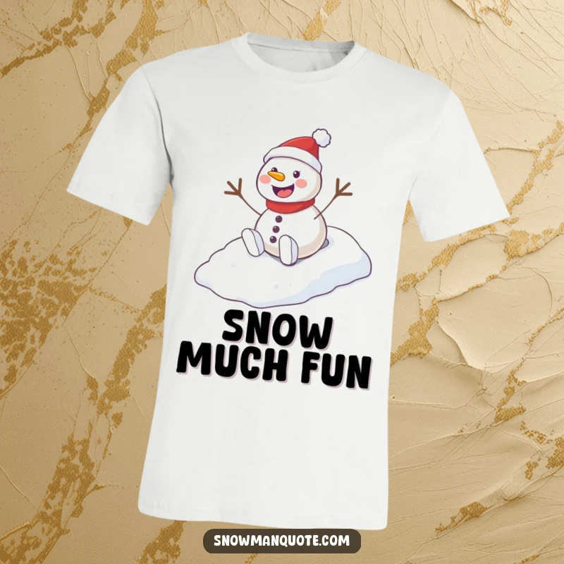 Funny Playful Snowman Hill T-Shirt depicting a joyous snowman in mid-slide down a snowy slope with visible excitement.