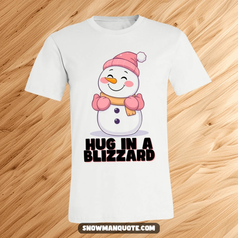 Funny smiling snowman extending gloved arms for a warm, welcoming hug on a soft and humorous t-shirt.