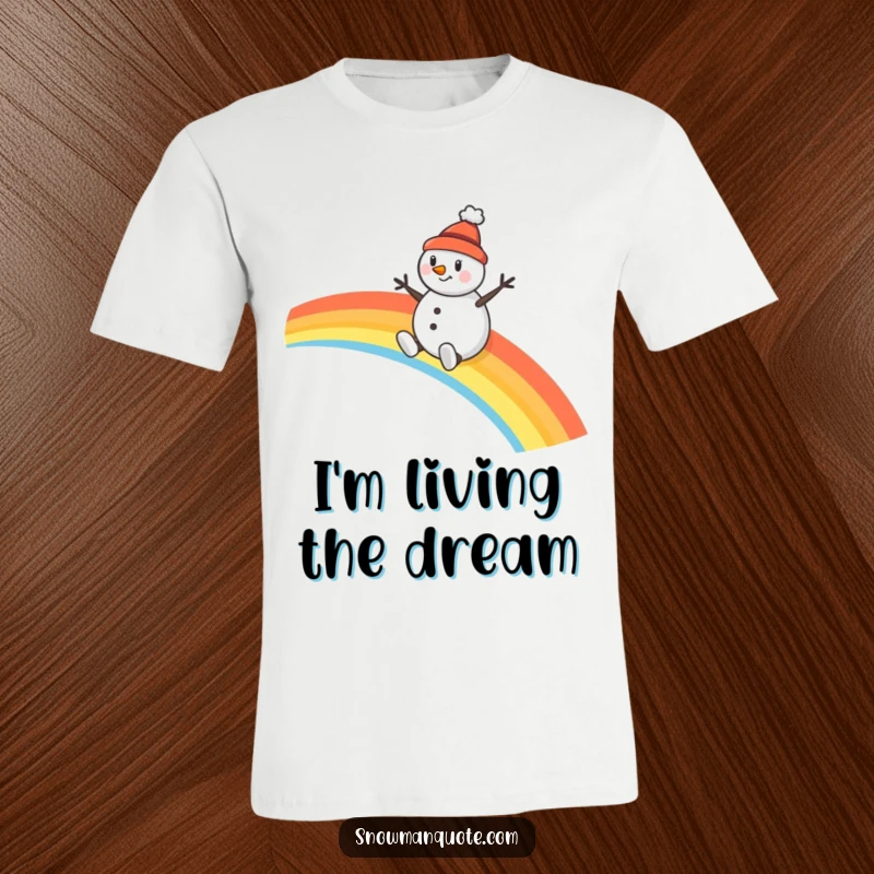 Funny snowman t-shirt, wearing a tiny hat, gleefully sliding down a colorful rainbow, bringing whimsical winter cheer.