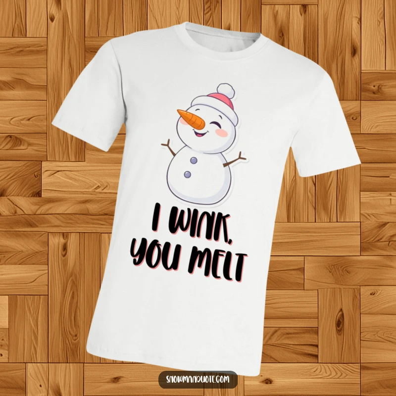 Funny T-Shirt featuring a cool snowman winking mischievously, showcasing its signature carrot nose and a cool, casual vibe.