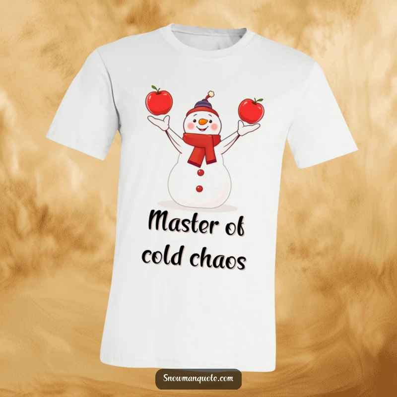 Funny snowman performing an impressive apple juggling act with ease on a t-shirt, full of winter cheer.