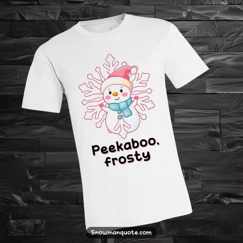 Funny snowman T-shirt, peeking from behind a large snowflake, a mysterious and humorous winter design, perfect gift.