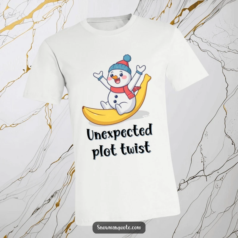 Funny snowman comically slipping on a banana peel, arms flailing, a comical winter t-shirt that embodies playful mishaps.