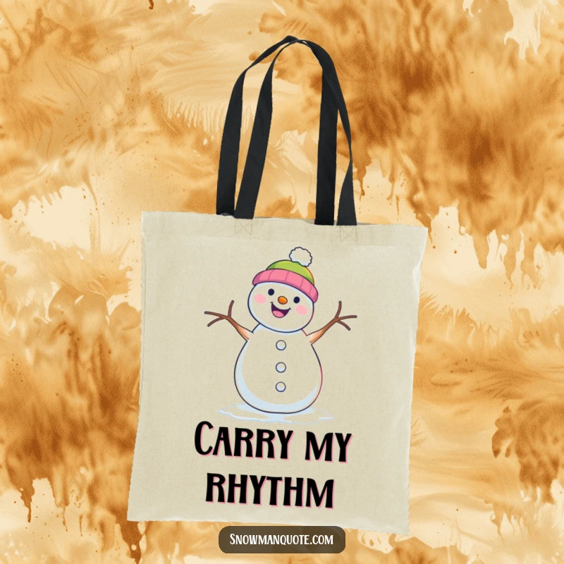 Funny tote bag with a snowman enthusiastically doing a shimmy dance, its twig arms in motion.