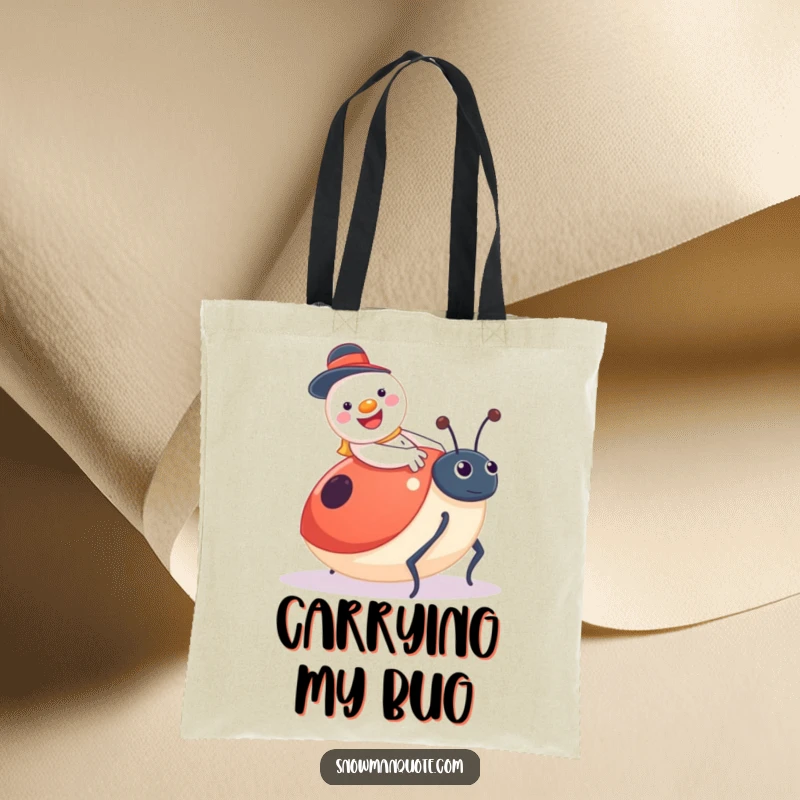Funny snowman tote bag, jolly and smiling, riding a surprised giant ladybug, a cute and whimsical accessory.