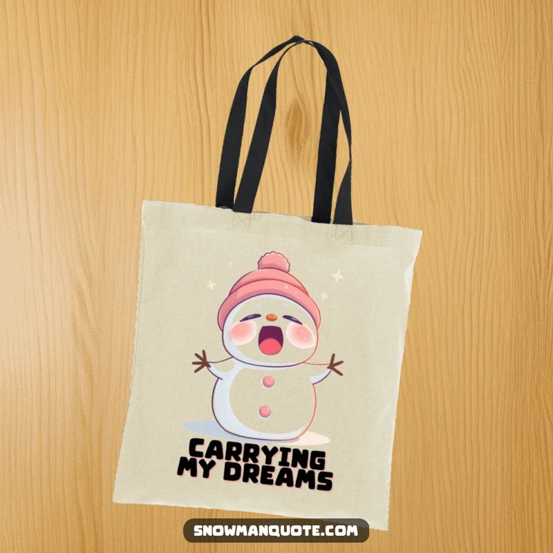 Funny sleepy snowman tote bag dusted with twinkling stardust, yawning adorably, ideal for carrying groceries with wintery humor.