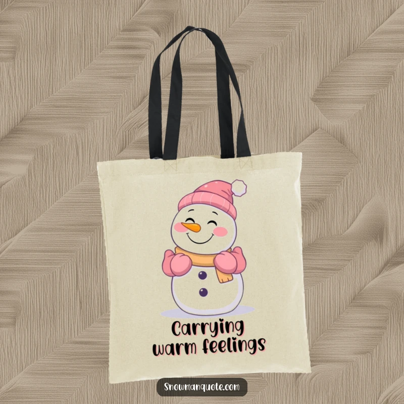 Funny smiling snowman with gloved arms outstretched in a warm, welcoming hug, featured on a durable and humorous tote bag.