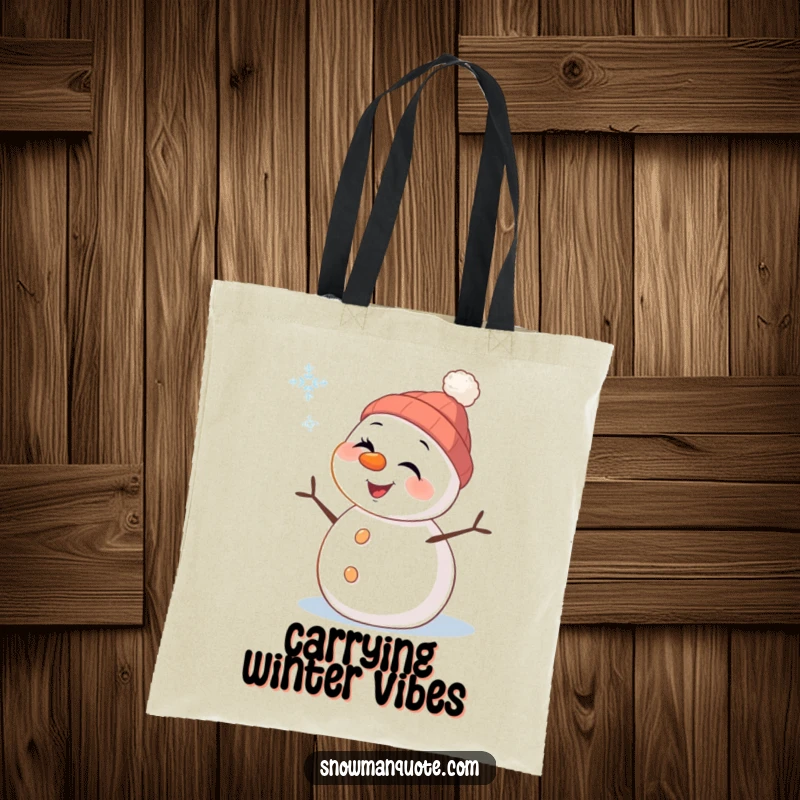 Funny Snowman Tote Bag: A cheerful snowman with carrot nose winks mischievously at a falling snowflake, ideal for carrying winter essentials.