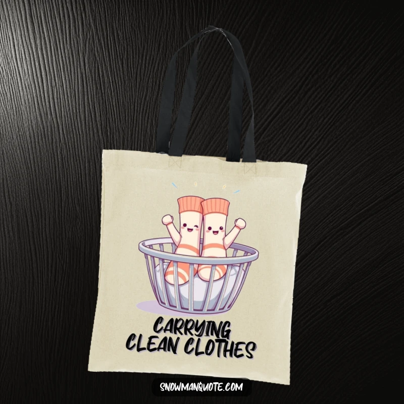 Funny sentient socks enthusiastically dancing in a laundry basket, a humorous tote bag for carrying laundry or everyday items.