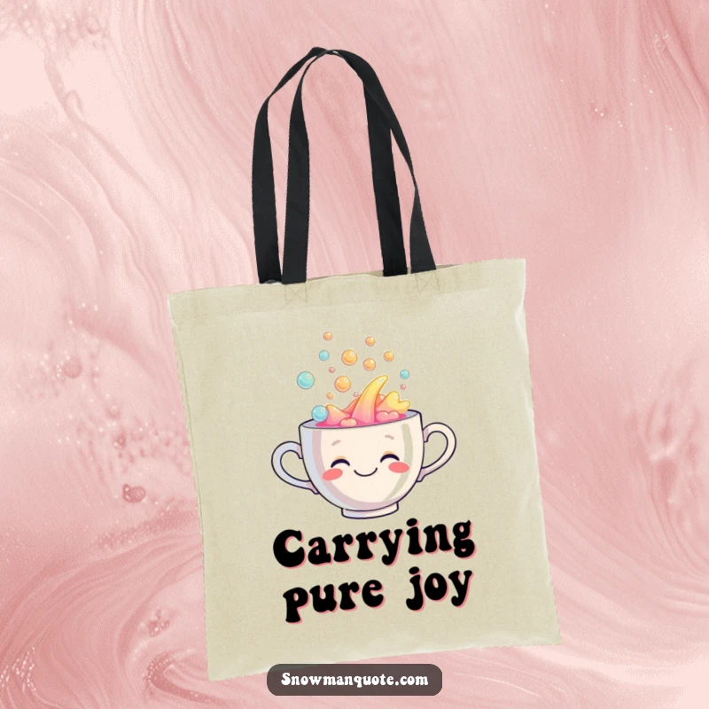Funny tote bag with a smiling teacup spilling a bubbly rainbow liquid, perfect for stylish, humorous everyday use.