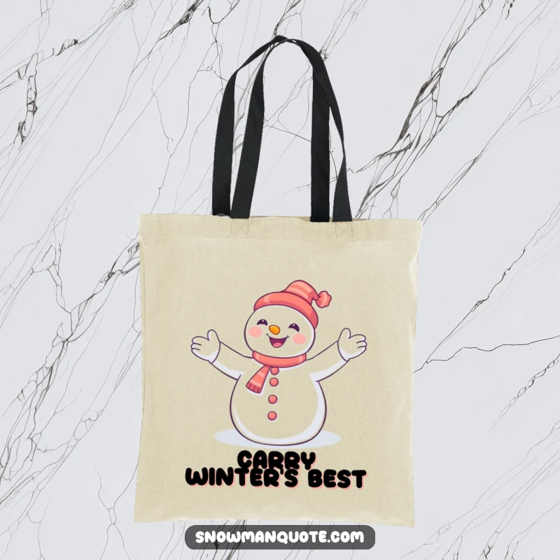 Funny snowman with arms welcomingly outstretched, joyfully embracing delicate falling snowflakes, on a practical and humorous tote bag.