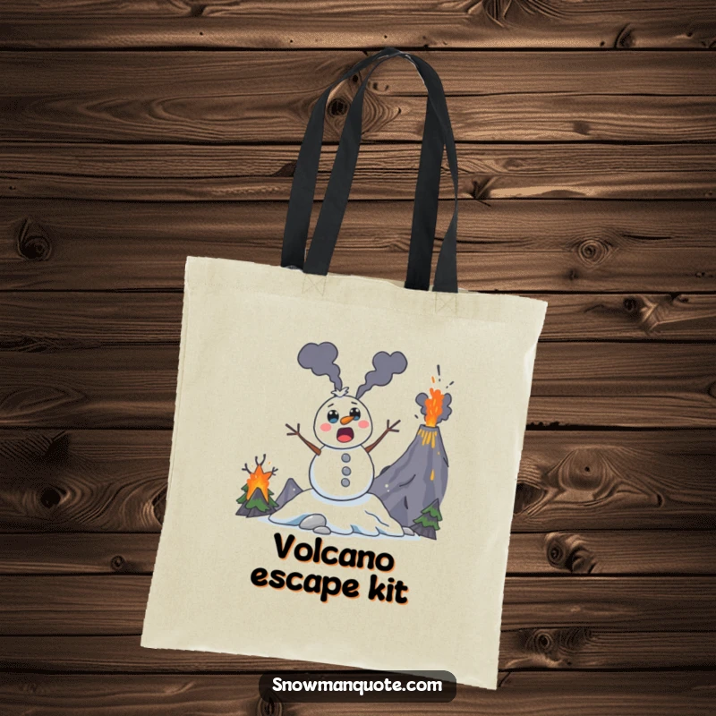 Funny snowman tote bag, surprised and leaping from a volcano, a humorous and practical accessory for daily chaos.
