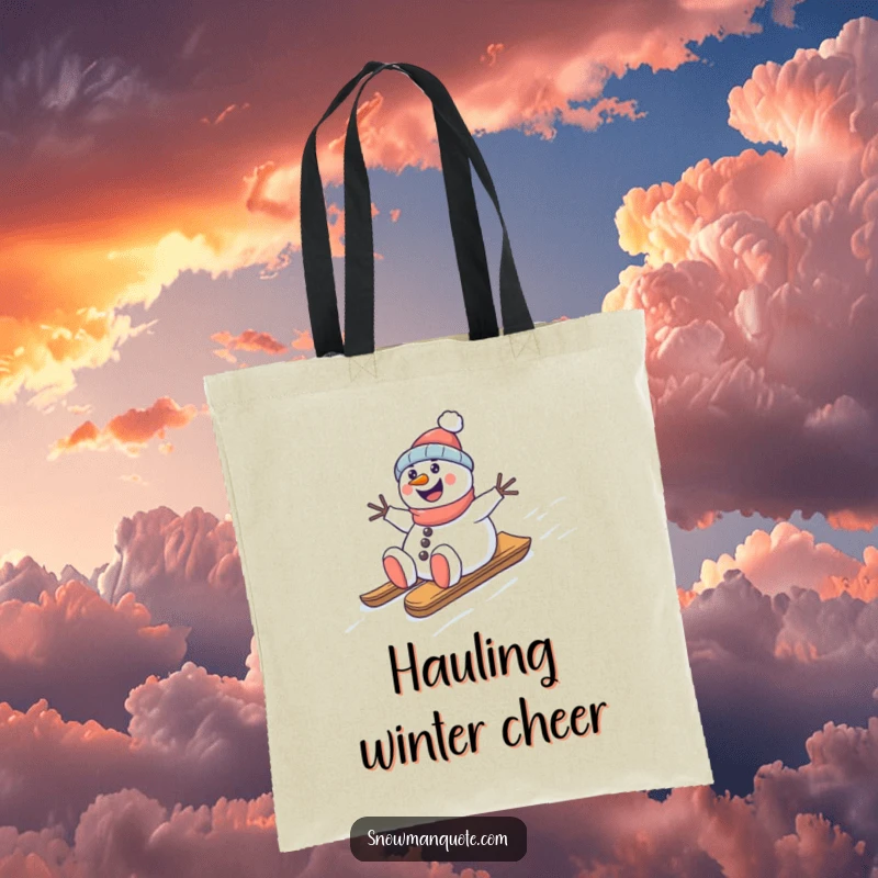 Funny snowman sledding tote bag, happily sliding down a snowy hill, perfect for carrying winter gear with humor, gift.