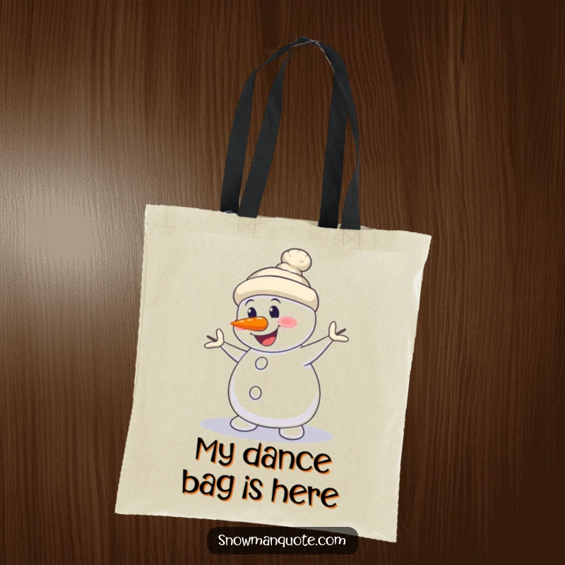 Funny Snowman Tote Bag: A snowman does a silly dance with its carrot nose hilariously crooked.