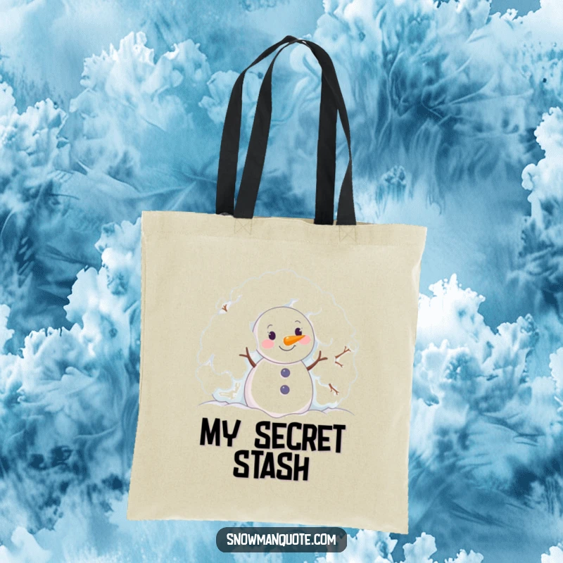 Funny snowman joyfully peeking out from behind a snowy bush, printed on a functional tote bag.